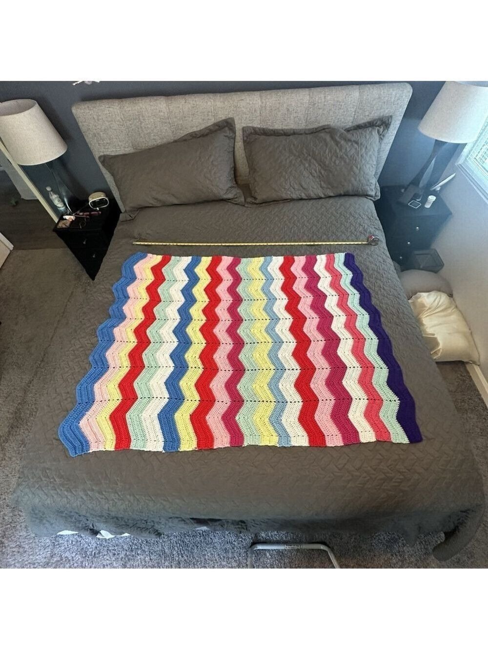 Vintage Afghan Crochet Throw Small Blanket Colorful 60x42 Chevron Handmade